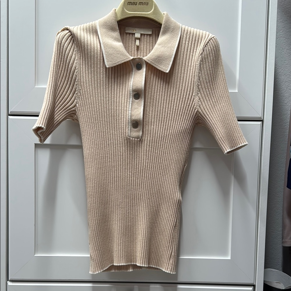 Maje Cream Ribbed Button Down Polo Shirt